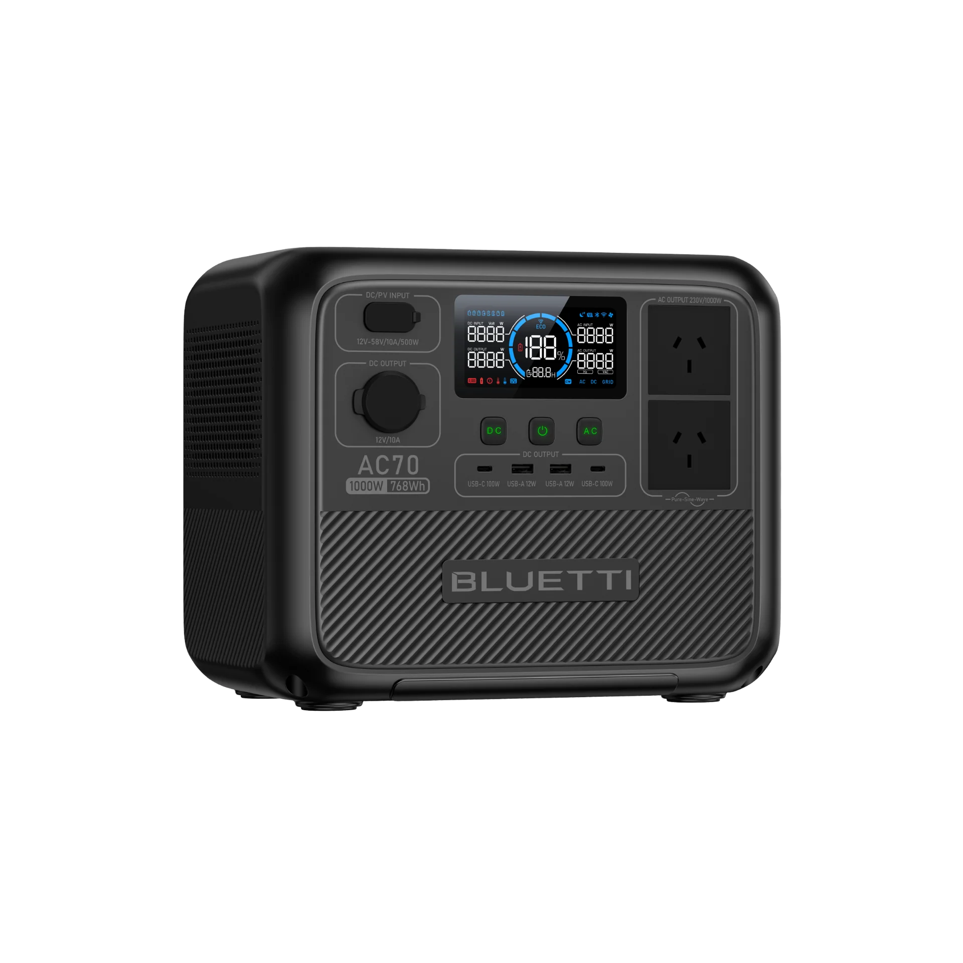 The BLUETTI AC70 Portable Power Station offers 1,000W output and 768Wh capacity, perfect for powering devices during outdoor adventures and emergencies. Featuring fast charging, quiet operation, and remote control via the BLUETTI App, it ensures dependable power whenever you need it.